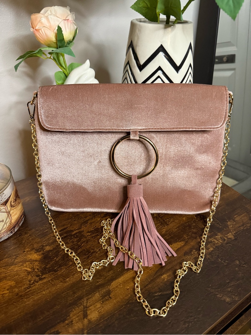 Street Level Rose Blush Velvet Crossbody with Gold Ring & Tassel